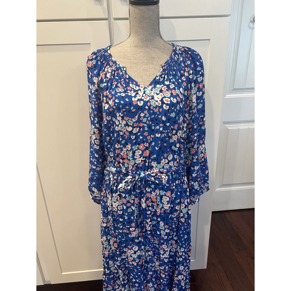 Talbots Xl Blue Floral Tiered Midi Dress 100% Vsco Long Sleeve Tie Boho Cottage